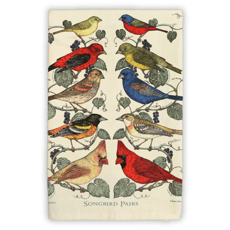an off white tea towel folded to feature the design of songbird pairs