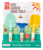 kids garden tools set in a colorful package with shovel, rake, and trowel