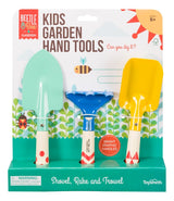 kids garden tools set in a colorful package with shovel, rake, and trowel