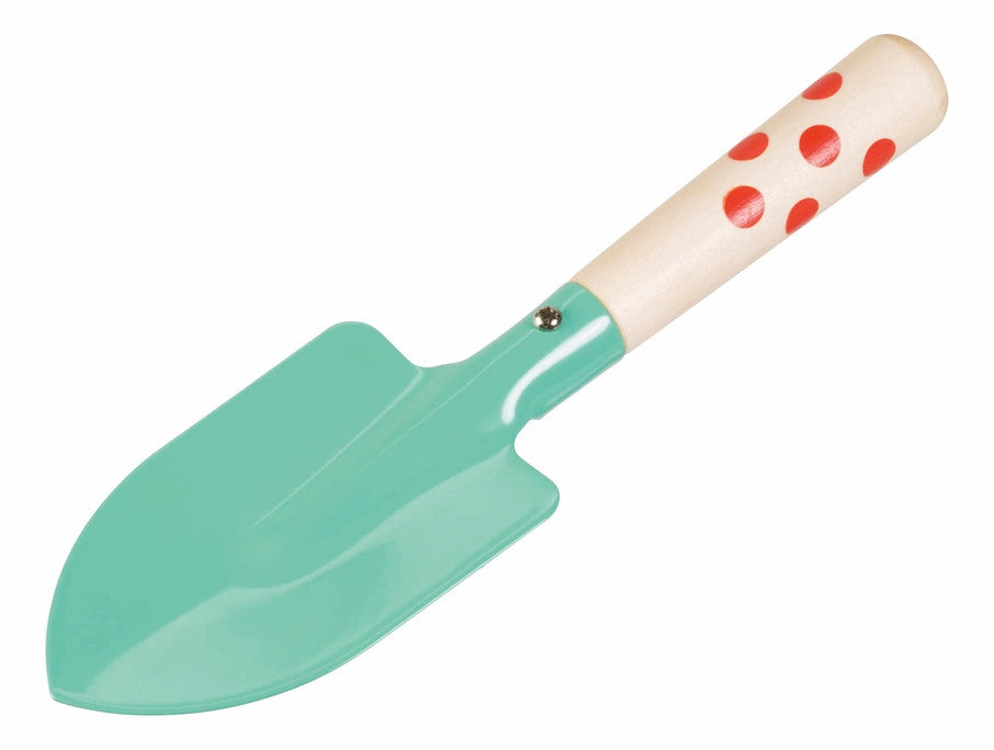 mint kids trowel with wood handle and red decorative accents
