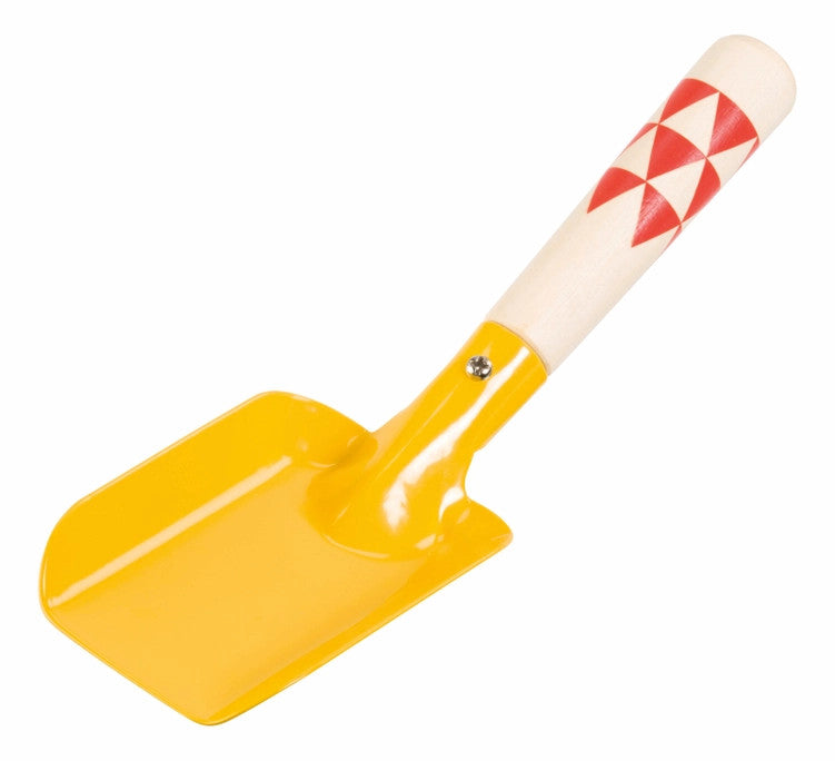 yellow kids shovel with wood handle and red decorative accents