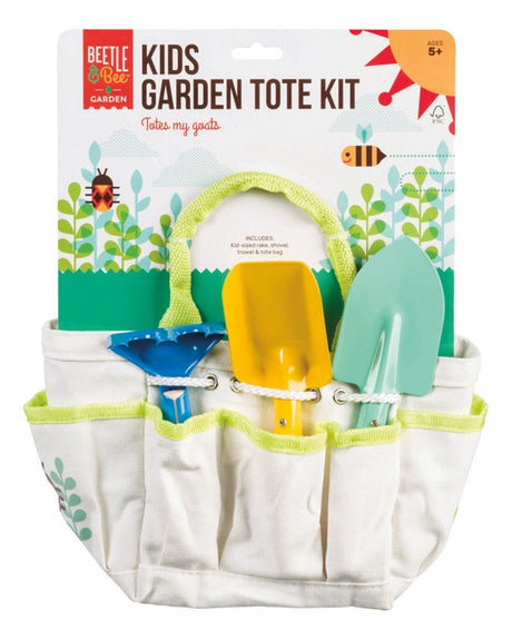 Kids Garden Tote in package showing white tote filled with trowel, shovel, and rake
