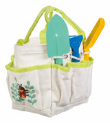 Kids Garden Tote from a side angle showing cute insect illustration with leaves
