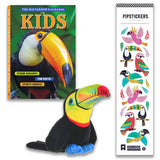 Plush toucan toy, 'The Old Farmer's Almanac for Kids' book, and PipStickers toucan-themed stickers on a white background.