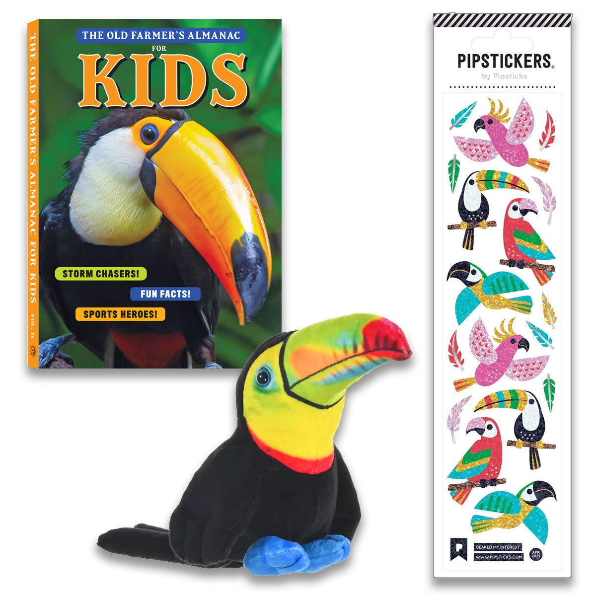 Plush toucan toy, 'The Old Farmer's Almanac for Kids' book, and PipStickers toucan-themed stickers on a white background.