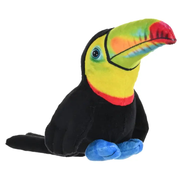 Colorful plush toucan toy on a white background