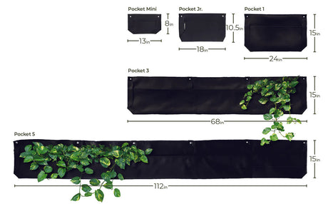 a size guide for all of the pocket wall planters showing scale and measurements for the mini, junior, 1 pocket, 3 pocket, and 5 pocket planters