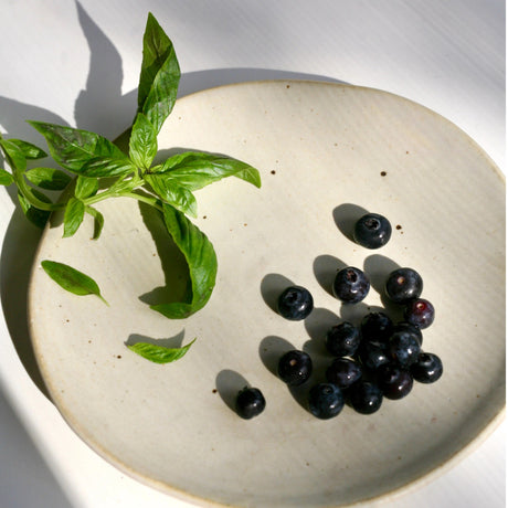 a plate with fresh ingredients used to make the shrub: wild blueberries and basil