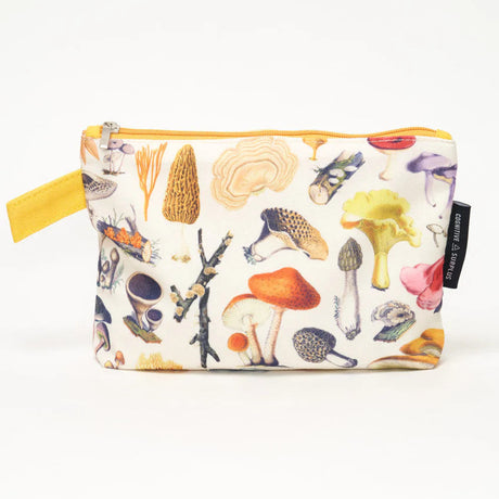 side one of a white canvas zipper pouch with vintage illustrations of woodland mushrooms. the pouch has a goldenrod yellow strap for easy carrying