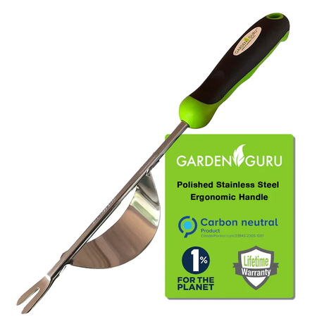 the dandelion weeder tool pointed at a downward angle against a white background alongside its green tag which touts its polisihed stainless steel ergonomic handle and that it is a carbon neutral product