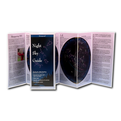 Unfolded, upright image of the Night Sky Folding Guide featuring a stargazing 101 guide for beginners, and detailed night sky charts showing the sky in different seasons showing all major constellations, asterisms, nebula, and other objects visible with the naked eye