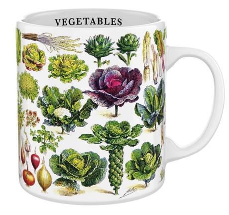 a white coffee mug with wraparound print of illustrations of various types of vegetables